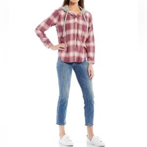 Lucky Brand🍀Flannel Plaid Button Front Pink Plaid Cropped Hoodie, Size Small